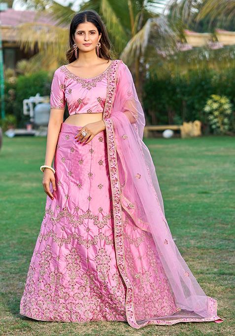 Pink Embroidered Satin Lehenga Set