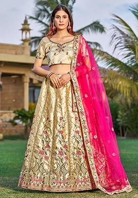 Cream Embroidered Satin Silk Lehenga Set