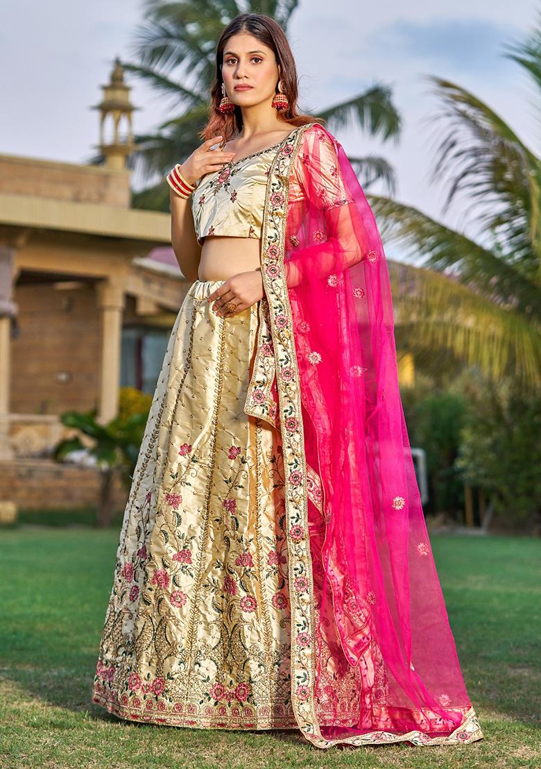 Cream Embroidered Satin Silk Lehenga Set
