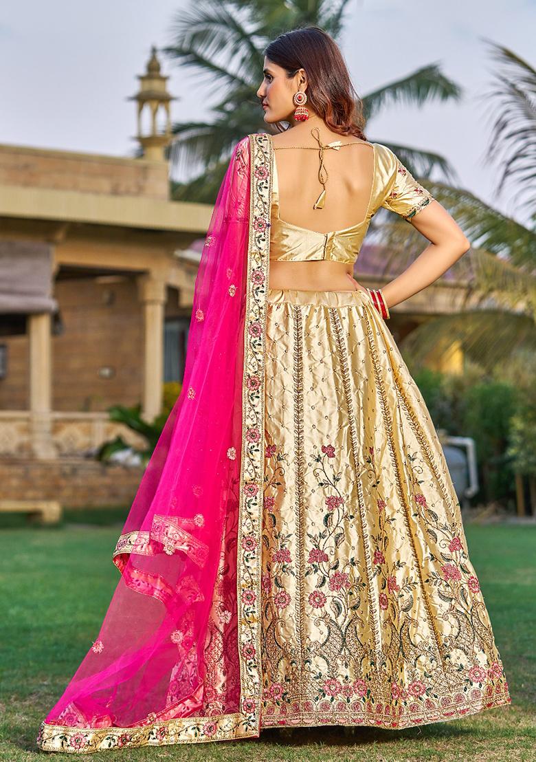 Cream Embroidered Satin Silk Lehenga Set