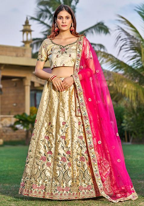 Cream Embroidered Satin Silk Lehenga Set