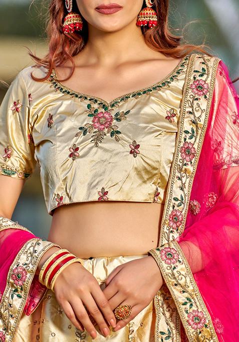 Cream Embroidered Satin Silk Lehenga Set