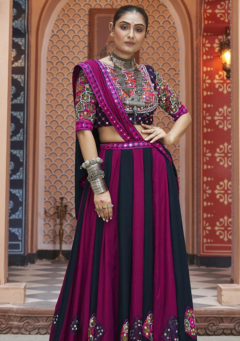 Purple And Black Thread Embroidered Viscose Rayon Lehenga Set