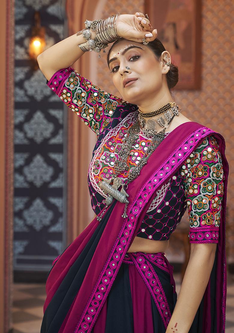 Purple And Black Thread Embroidered Viscose Rayon Lehenga Set