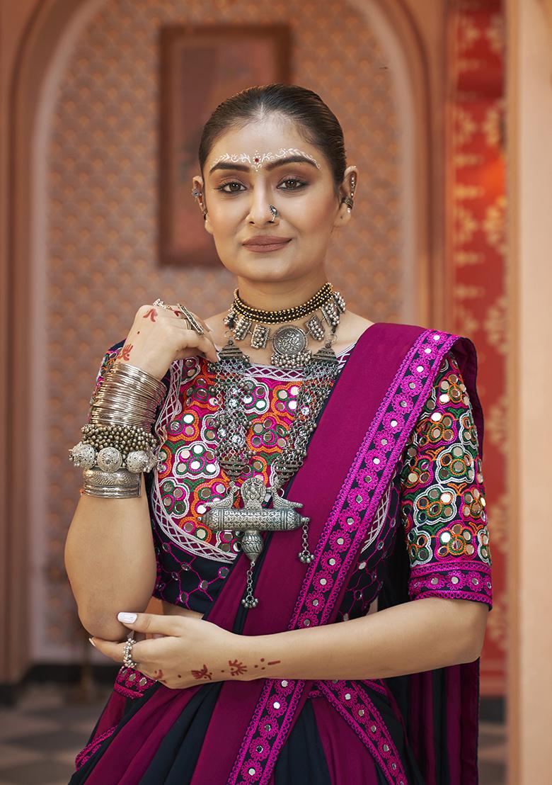 Purple And Black Thread Embroidered Viscose Rayon Lehenga Set