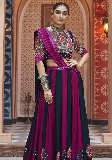 Purple And Black Thread Embroidered Viscose Rayon Lehenga Set