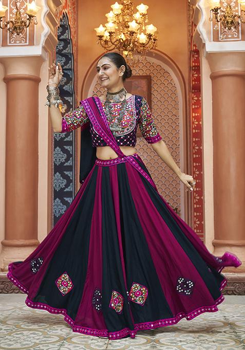 Purple And Black Thread Embroidered Viscose Rayon Lehenga Set