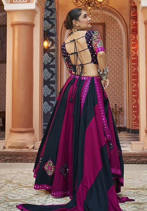Purple And Black Thread Embroidered Viscose Rayon Lehenga Set