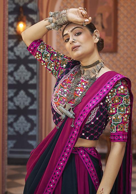 Purple And Black Thread Embroidered Viscose Rayon Lehenga Set