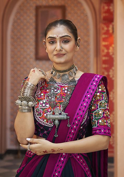 Purple And Black Thread Embroidered Viscose Rayon Lehenga Set