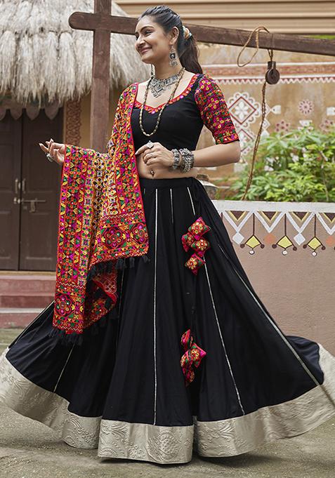 Black Thread Embroidered Viscose Rayon Lehenga Set