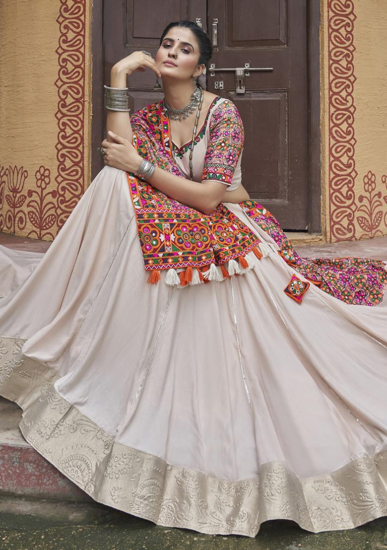 Beige Thread Embroidered Viscose Rayon Lehenga Set - Indya