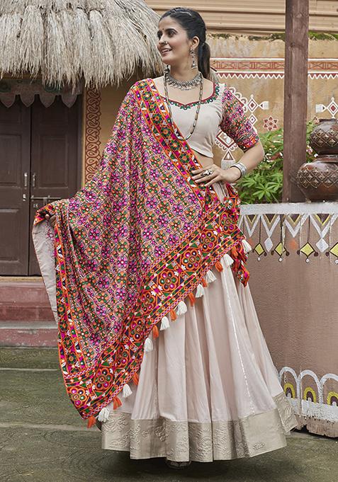 Beige Thread Embroidered Viscose Rayon Lehenga Set