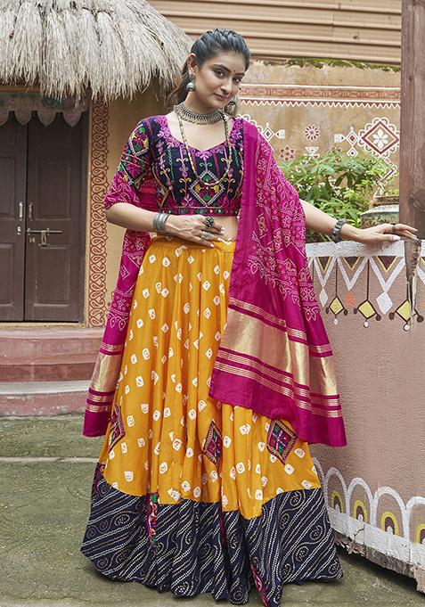 Yellow Thread Embroidered Muslin Cotton Lehenga Set