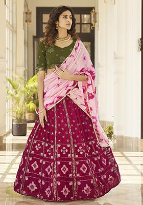 Deep Pink Thread Embroidered Georgette Lehenga Set