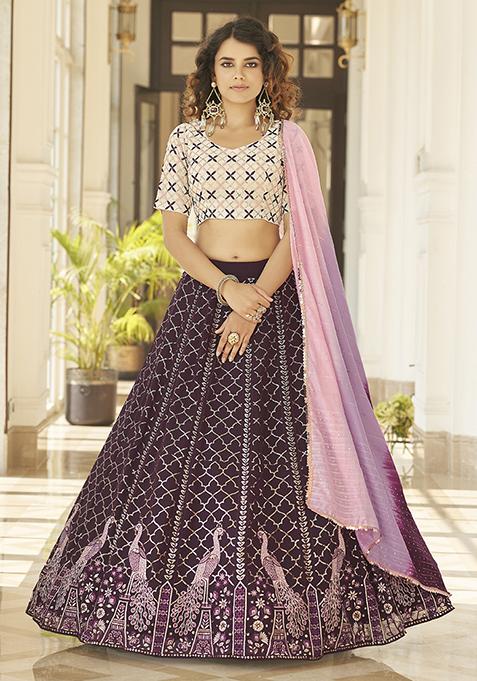 Purple Thread Embroidered Georgette Lehenga Set