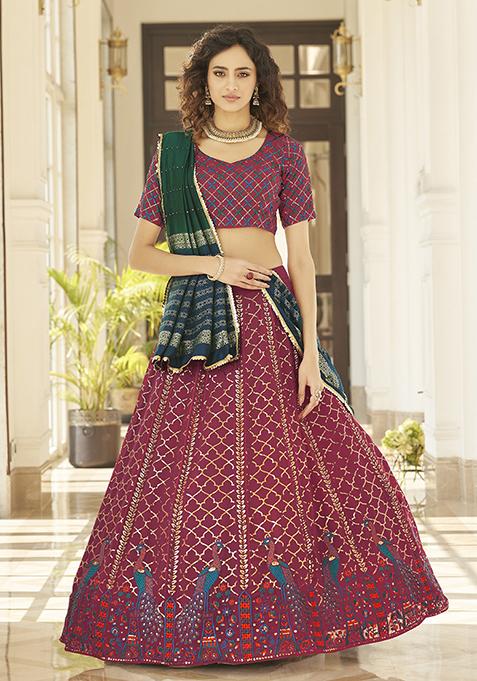 Rani Pink Thread Embroidered Georgette Lehenga Set