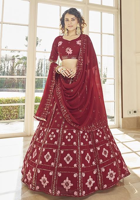 Red Thread Embroidered Georgette Lehenga Set