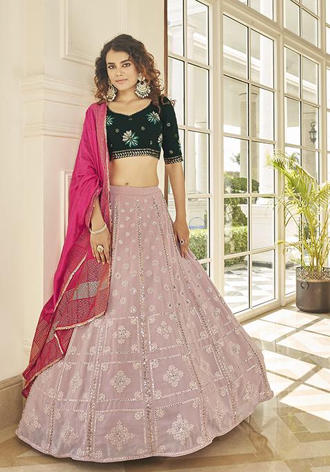 Dusty Pink Thread Embroidered Georgette Lehenga Set