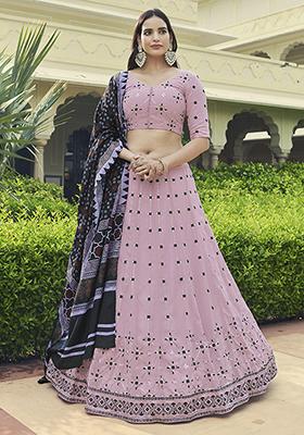 Dusty Pink Thread Embroidered Georgette Lehenga Set