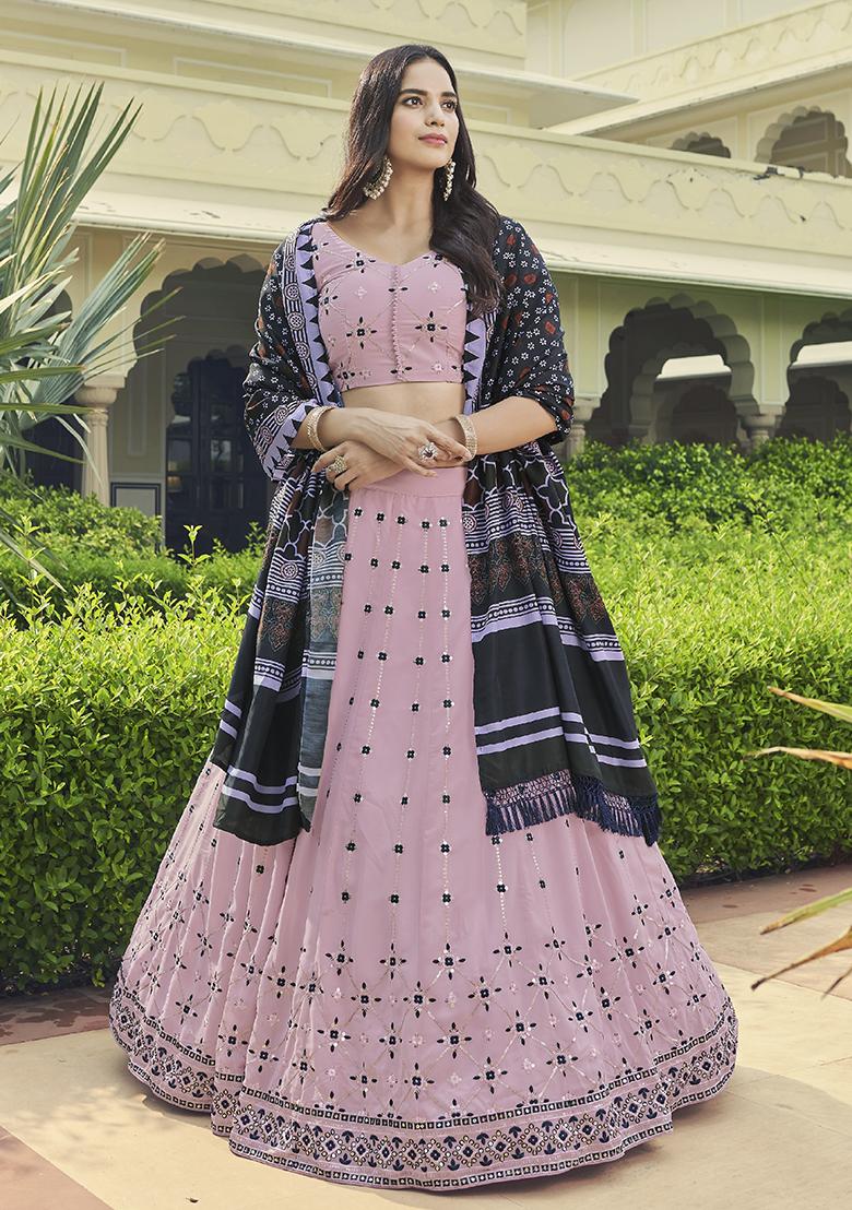 Dusty Pink Thread Embroidered Georgette Lehenga Set - Indya
