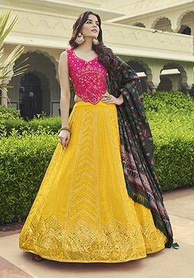 Yellow Thread Embroidered Georgette Lehenga Set
