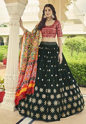 Dark Green Thread Embroidered Georgette Lehenga Set