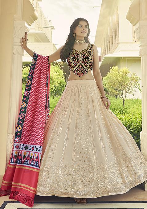 Beige Thread Embroidered Georgette Lehenga Set