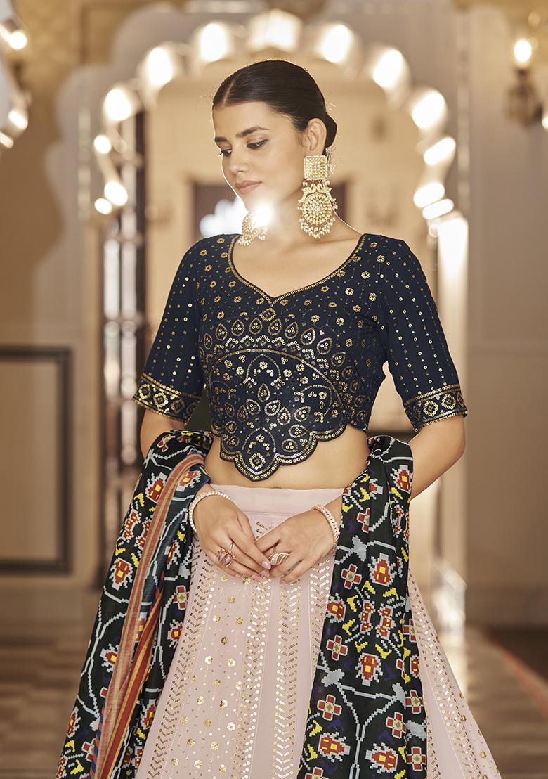 Light Pink Thread Embroidered Georgette Lehenga Set - Indya