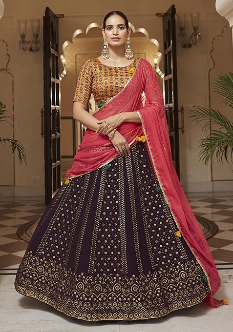 Purple Thread Embroidered Georgette Lehenga Set