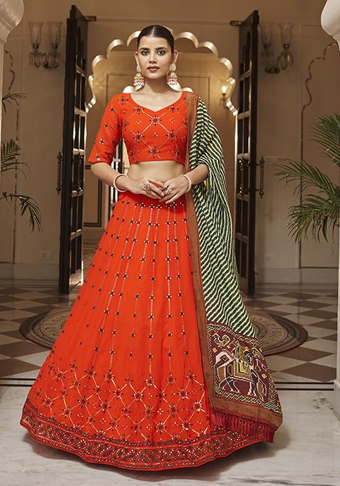 Orange Thread Embroidered Georgette Lehenga Set