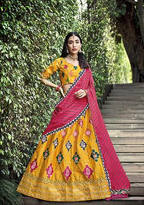 Yellow Thread Embroidered Silk Lehenga Set