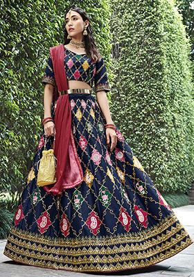 Blue Thread Embroidered Silk Lehenga Set