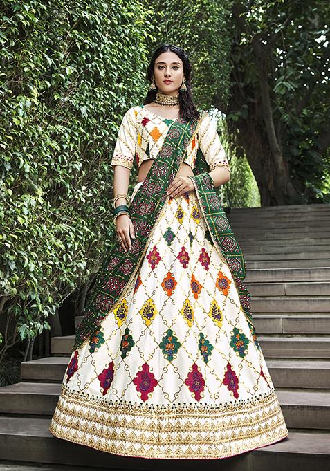 White Thread Embroidered Silk Lehenga Set