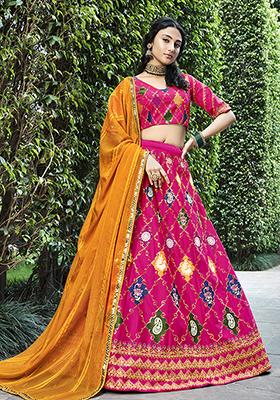 Rani Pink Thread Embroidered Silk Lehenga Set
