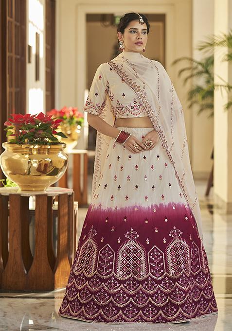 White And Rani Pink Thread Embroidered Art Silk Lehenga Set