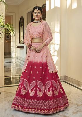 Peach And Rani Pink Thread Embroidered Art Silk Lehenga Set