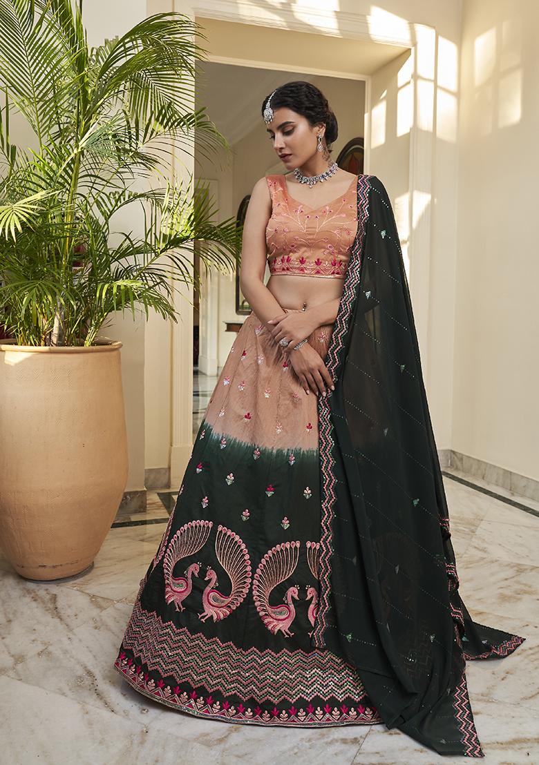 Rust And Green Thread Embroidered Art Silk Lehenga Set
