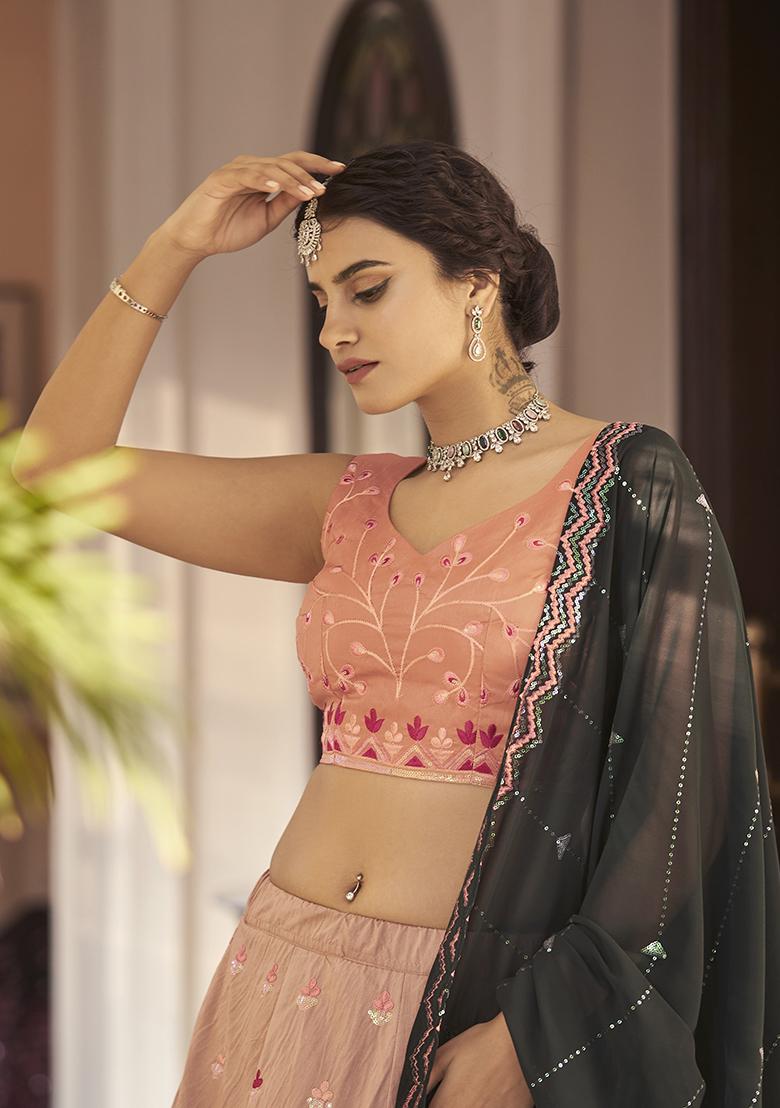 Rust And Green Thread Embroidered Art Silk Lehenga Set