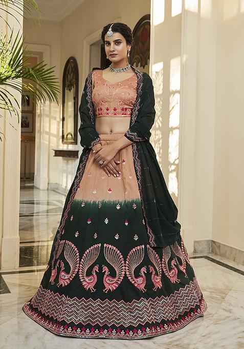 Rust And Green Thread Embroidered Art Silk Lehenga Set