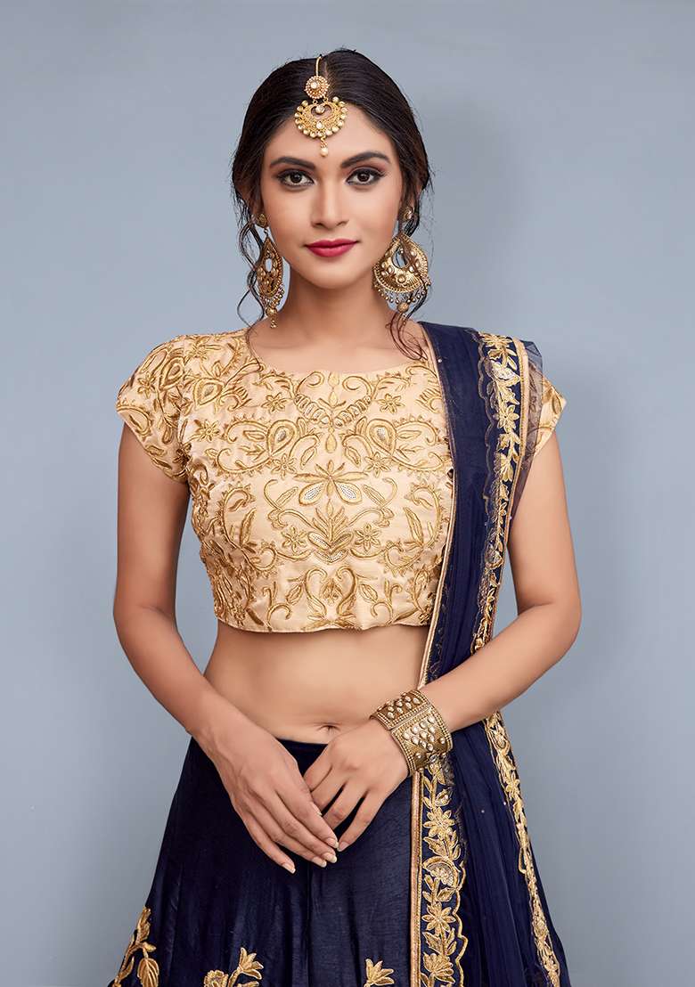 Navy Blue Embroidered Velvet Lehenga Set for Diwali and Festive Wear - Indya