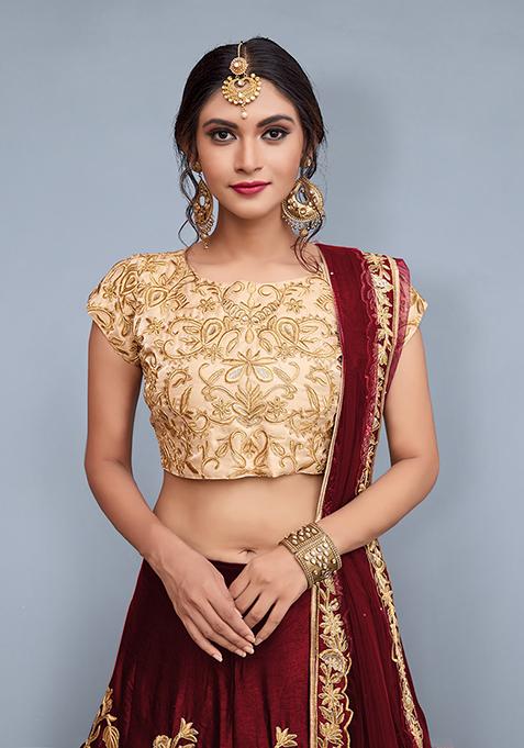 Maroon Embroidered Velvet Lehenga Set