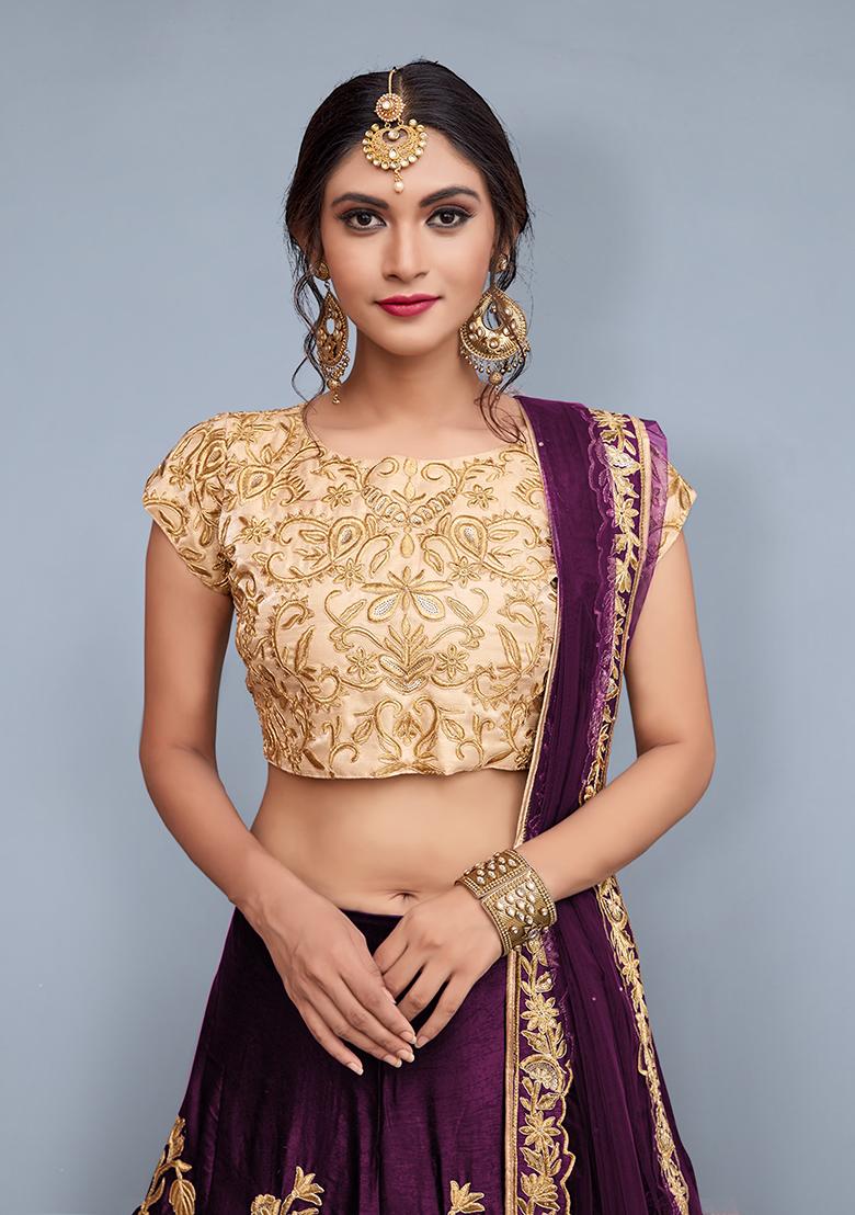 Purple Embroidered Velvet Lehenga Set