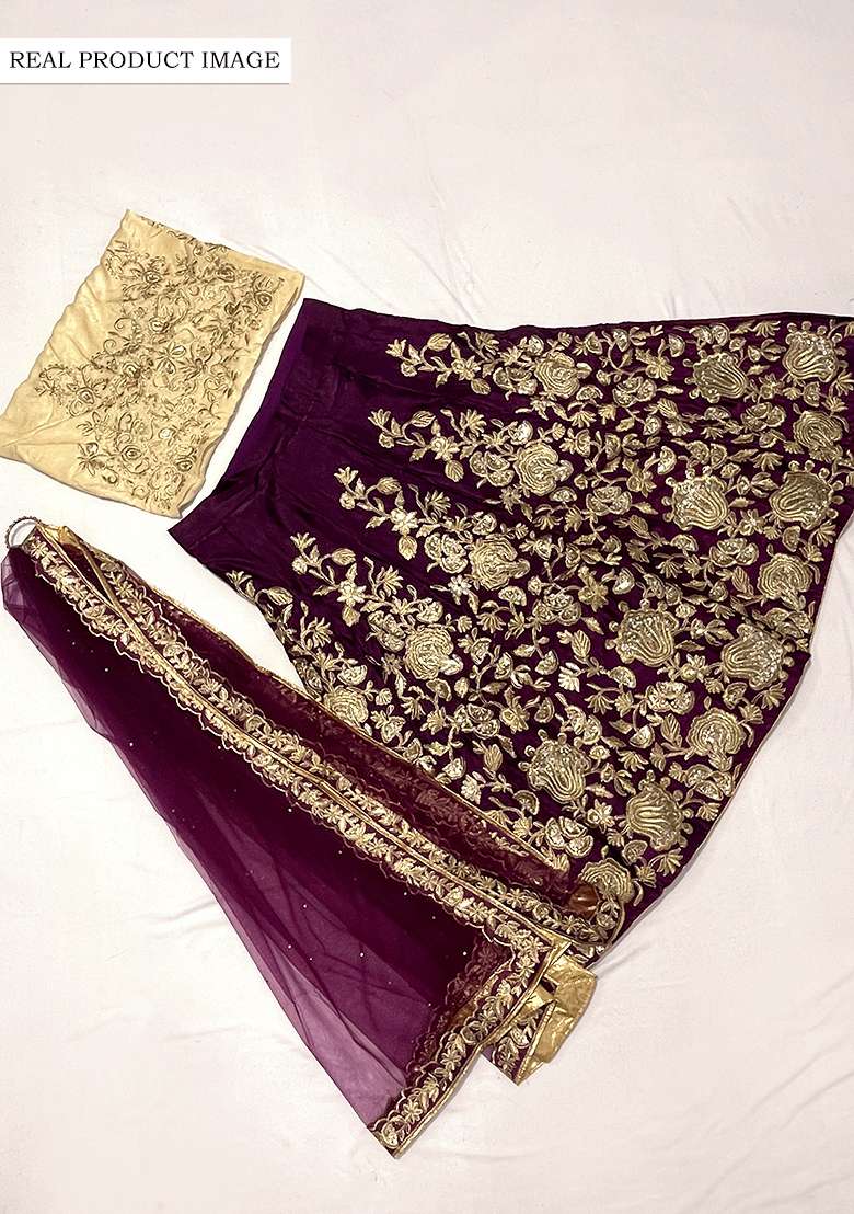 Purple Embroidered Velvet Lehenga Set for Diwali and Festive Wear - Indya