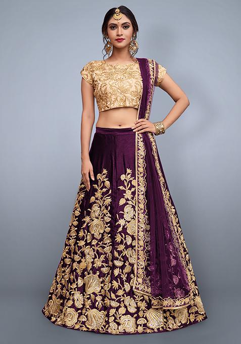 Purple Embroidered Velvet Lehenga Set