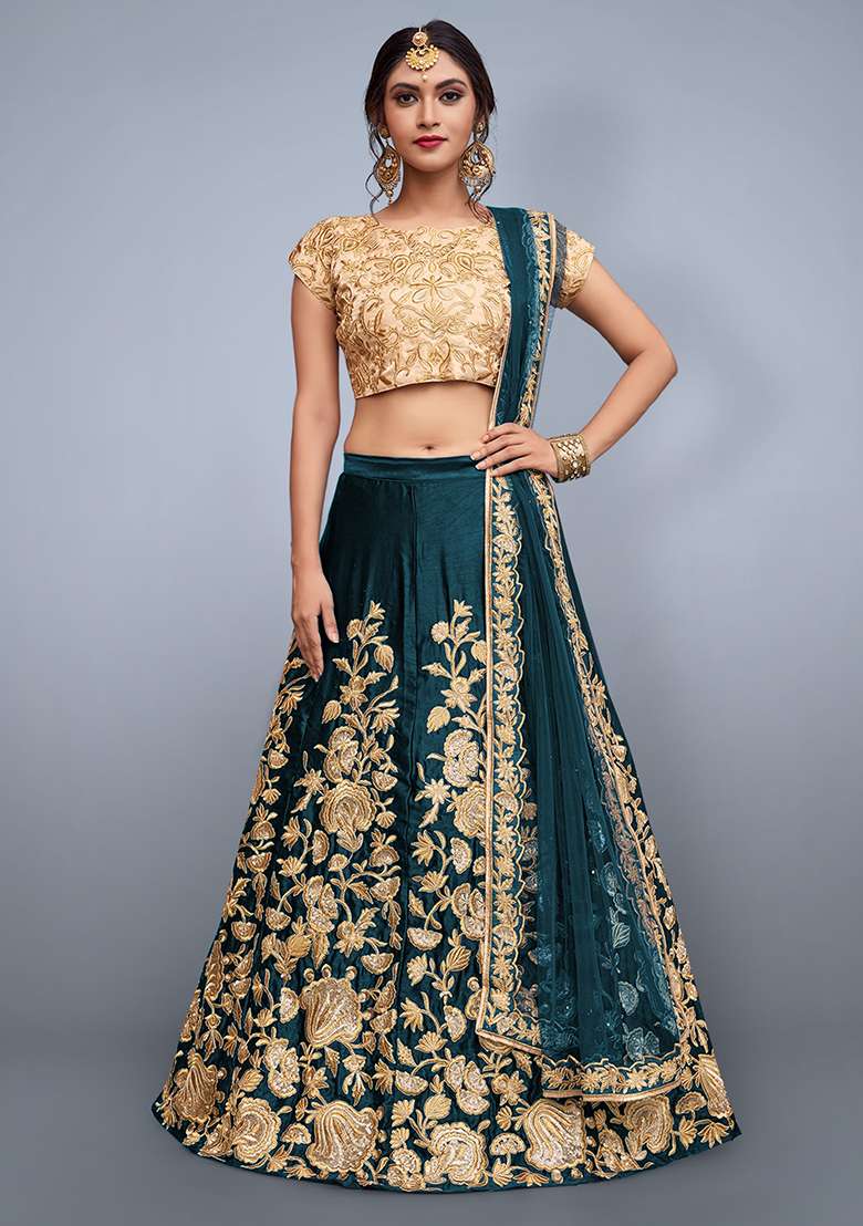 Turquoise Embroidered Velvet Lehenga Set for Diwali and Festive Wear - Indya