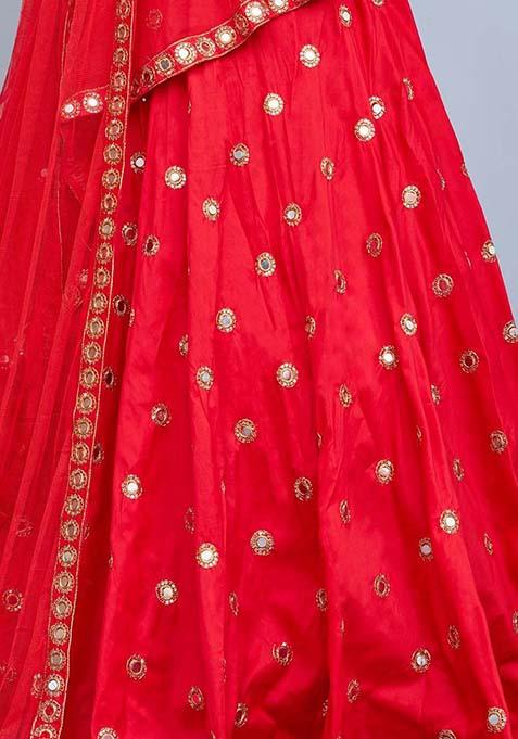 Red Embellished Taffeta Silk Lehenga Set