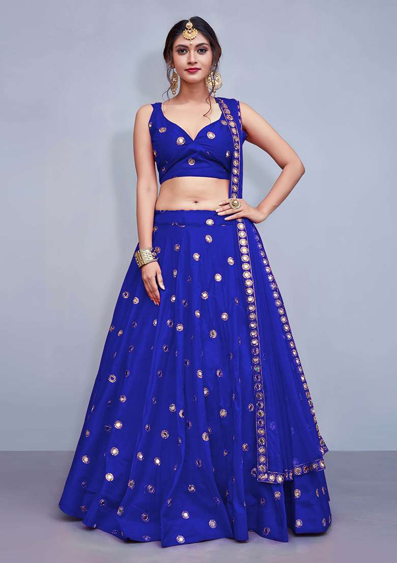 Light Blue Embellished Taffeta Silk Blend Lehenga Set for Diwali | Wedding & Festive Wear - Indya