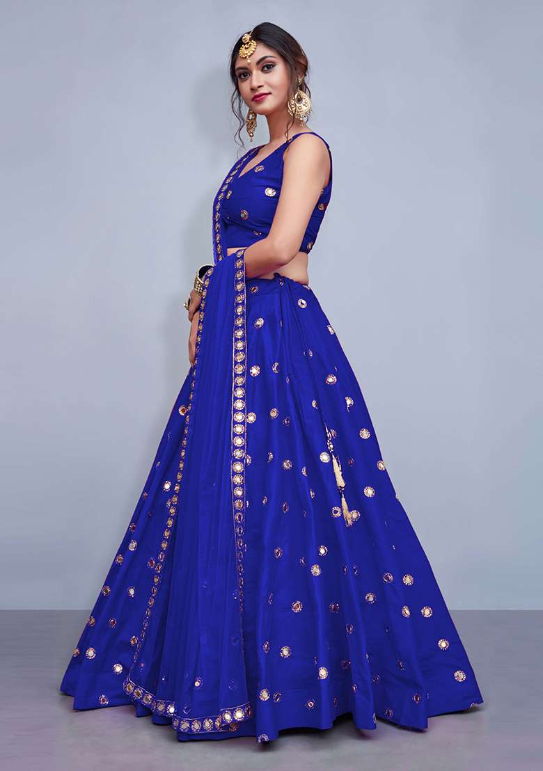 Light Blue Embellished Taffeta Silk Blend Lehenga Set for Diwali | Wedding & Festive Wear - Indya