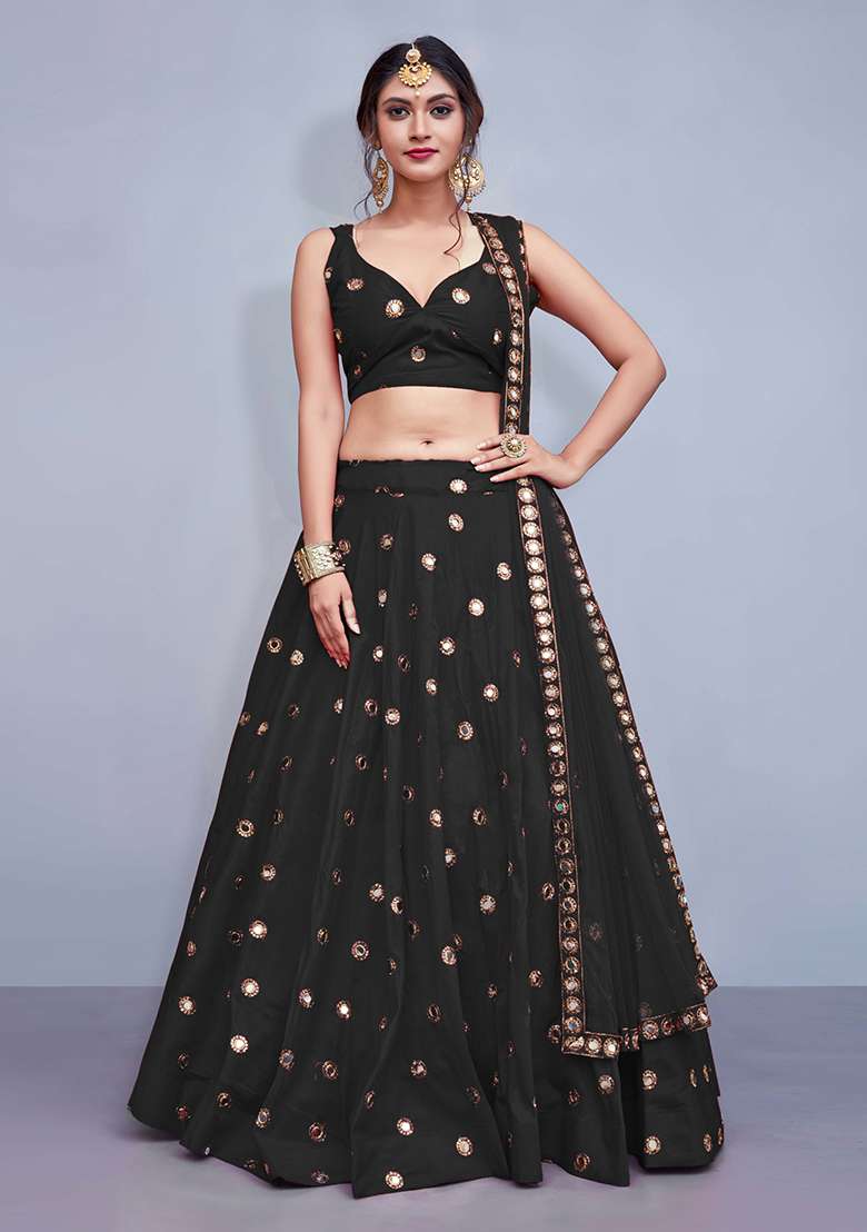 Black Embellished Taffeta Silk Blend Lehenga Set for Diwali | Wedding & Festive Wear - Indya